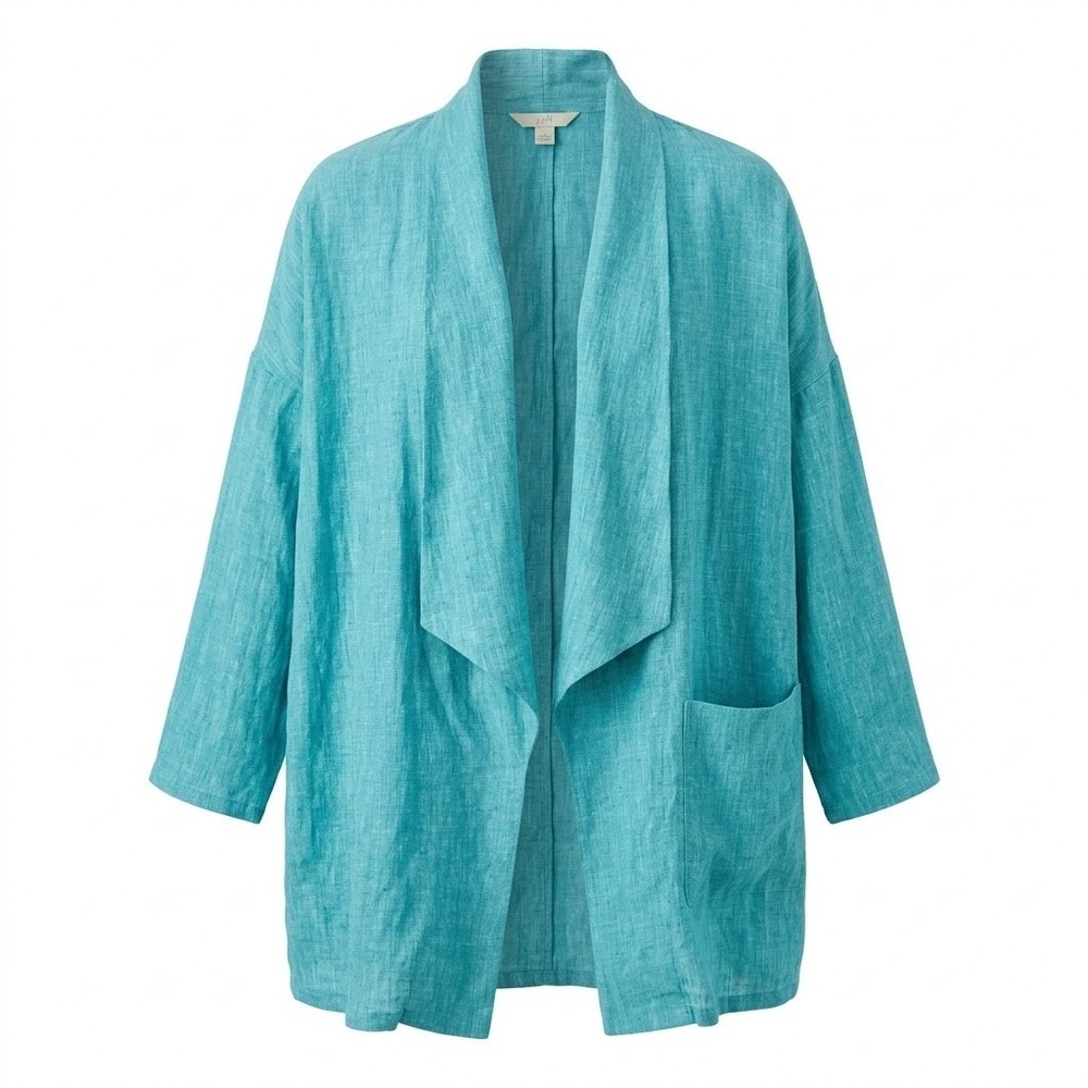 Chalet Womens XL Teal Blue 100% Linen Open Front Cardigan Jacket Pockets USA